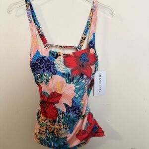 Athleta Square Neck Bra Cup Print Tankini Top Size 34 B/C Bora Bora floral NWT
